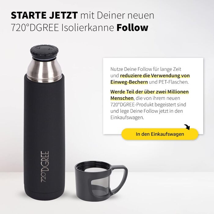 720°DGREE Thermoskanne with Cup 1l “Follow” - 3 Sizes, 12h Hot, 24h Cold, Leak-Proof, BPA-Free - Stainless Steel Thermos Flask, Insulated Bottle for Coffee, Tea at Work, School, To Go