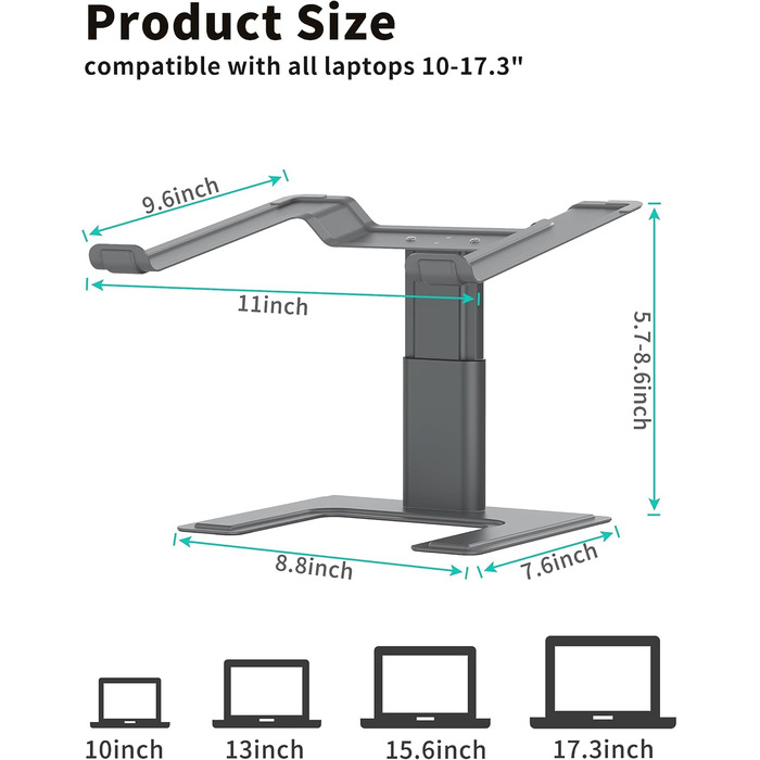 Підставка для ноутбука ALASHI, регульована висота, ергономічна, металева, чорна (C-Gray), 10-15.6 дюймів