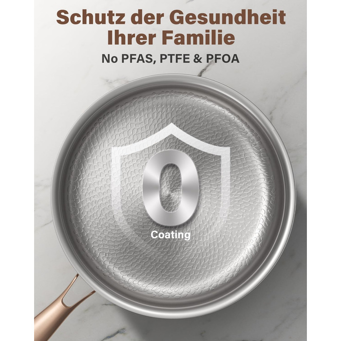 Пательня сталева 28 см Titan, не покрита, індукційна, з ручкою з рожевого золота, 18/10, для всіх типів плит та посудомийки, без PTFE/PFOA