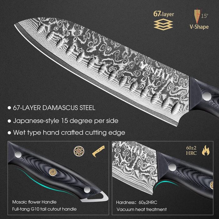 Ніж кухарський MOSFiATA Damast 8 дюймів - Японський ніж з дамаської сталі, з чохлом, захистом для пальців та подарунковою упаковкою