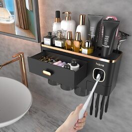 IHave Wall-Mounted Toothbrush Holder, Bathroom Toothbrush Holder with Toothpaste Dispenser, 3 Cup Toothbrush Holder with Drawer, Large Capacity Toothbrush Organizer Bathroom Black Gold