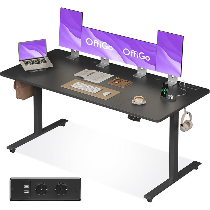 Adjustable Height Standing Desk with USB Ports - Electric Standing Desk for Home & Office - 160cm Width, Memory Function, White & Black