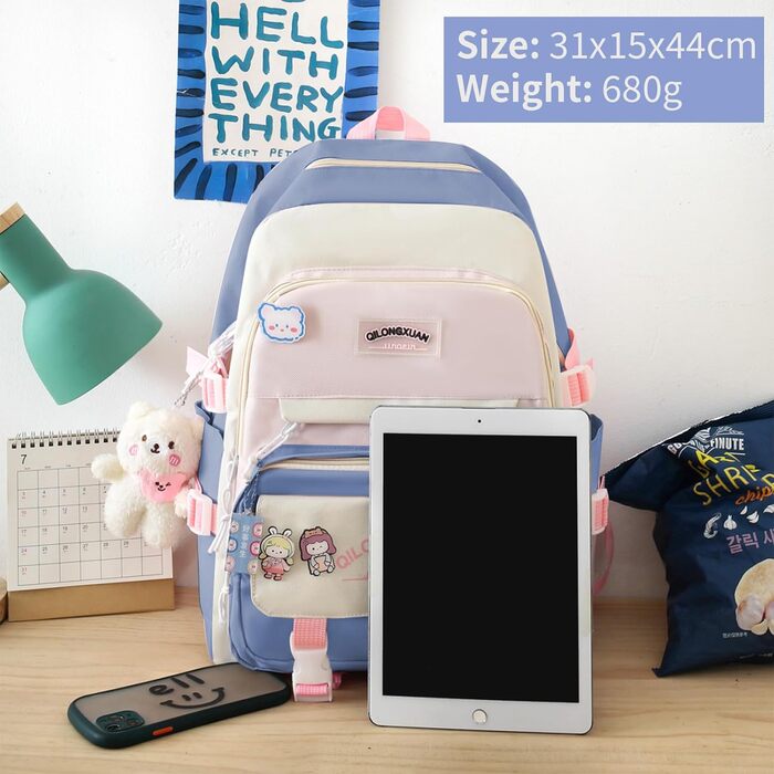 Набір шкільних рюкзаків IvyH 5-ти частинний: рюкзак для дівчинки, сумка для школи, рюкзак для підлітків, 3-7 клас, з пеналом та сумкою для покупок, 45 см, рожевий (8583# Синій)