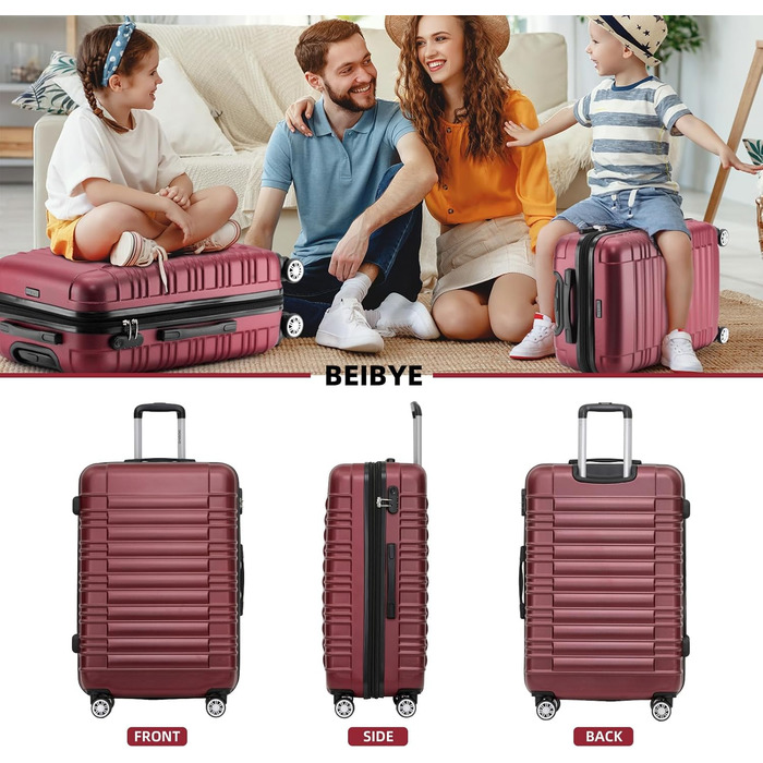 Набір валіз Beibye з жорстким корпусом (роликовий кофр, твінні ролики), винно-червоний колір, комплект