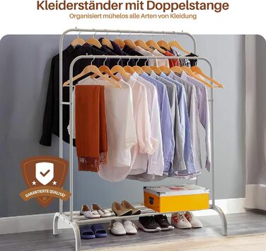 Підставка для одягу PORTENTUM: сталева, до 35 кг, з подвійною перекладиною та полицею для взуття, протиковзкі ніжки, захисні кінчики, швидкий монтаж, білий (без вішалок)