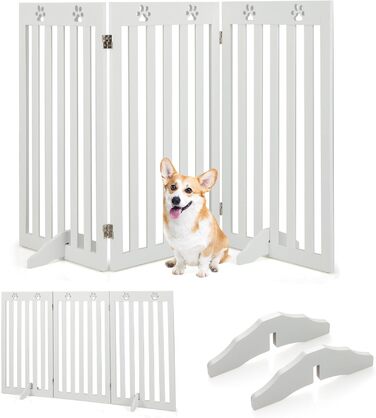 Захисний бар'єр для собак Costway 89 см, дерев'яне огорожа, дитяче ворота, розкладне, для захисту сходів, гнучкий бар'єр (3 панелі, білий)