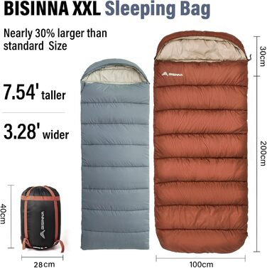 Спальний мішок BISINNA XXL для великих дорослих, 3-4 сезони, зимовий, теплий, для кемпінгу, оранжевий, 2.5 кг, ліва блискавка