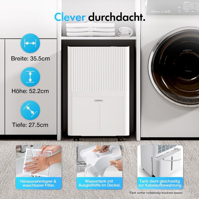 Електричний осушувач повітря VonHaus 20л/24г з Wi-Fi, для підвалу та кімнат до 20м², з таймером та шланг для зливу, сумісний з Alexa & Google Home