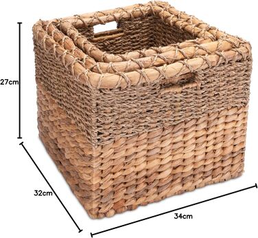 Decorative Basket Storage Woven from Water Hyacinth - Seagrass Rectangular - Shelf Basket Square - Set of 3 (S+M+L) Natural