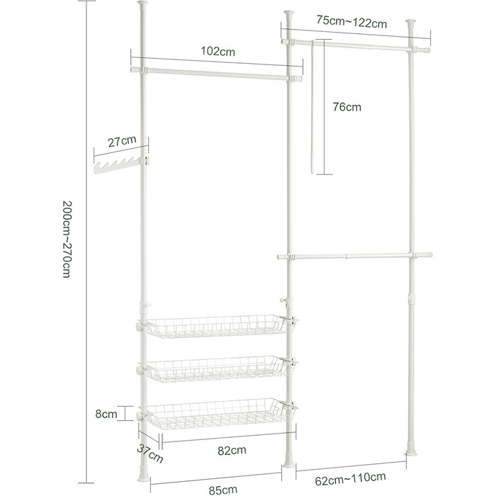 SoBuy Regal System with 3 Clothes Rails and 3 Baskets Telescopic Wardrobe System Adjustable Organization System FRG34-SCH (White)