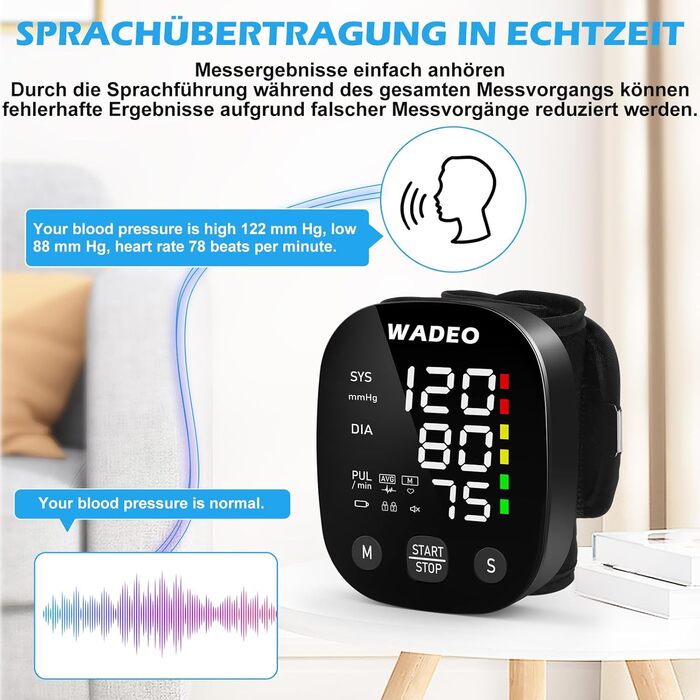 Цифровий тонометр WADEO на зап'ясті, мовлення 5 мовами, виявлення аритмії, портативний тонометр для дому та подорожей, 2 x 99 пам'ять, з батарейками та коробкою для зберігання, білий (чорний)