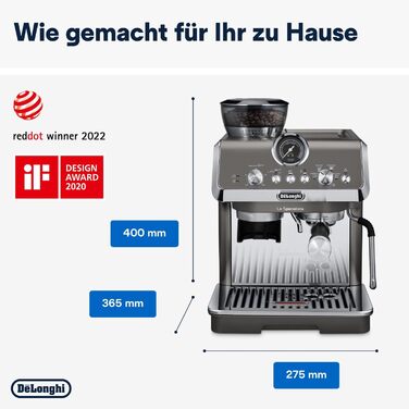 De'Longhi La Specialista Arte Evo EC9255.T Semi-automatic espresso machine with grinder, cold brew function, 8 grind settings, 15 bar, 3 temperatures, milk frothing wand, titanium finish, including barista kit. With Cold Brew function, espresso machine, titanium.