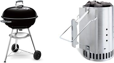 Weber 1221004 Charcoal Grill Compact Kettle, Diameter 47 cm, Black, Dome Grill + Grill Cover Charcoal grills with a diameter of gray (57cm, Bundle with Rapidfire Starter Chimney)