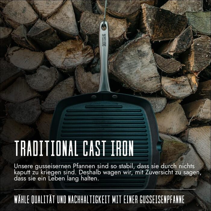 Чавунна сковорода-гриль SKOTTSBERG 28x28 см, з антипригарним покриттям (без PFAS), для індукції, газу, електроплити, духовки та гриля
