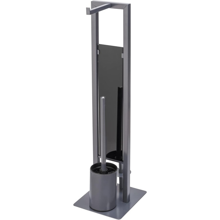 WENKO Stand WC-Garnitur Rivalta, freestanding toilet set with toilet brush, toilet paper and spare roll holder, matt lacquered steel, safety glass splash plate, 18 x 70 x 23 cm, Grey Grey/Black/Black