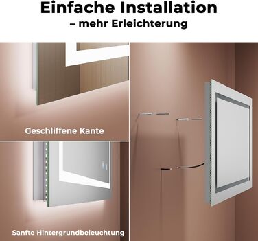 Дзеркало для ванної кімнати з підсвічуванням 60x50x3,5 см, LED, 6400K, біле світло, економія енергії, вертикальне/горизонтальне кріплення, антизапар, 3 колірні температури