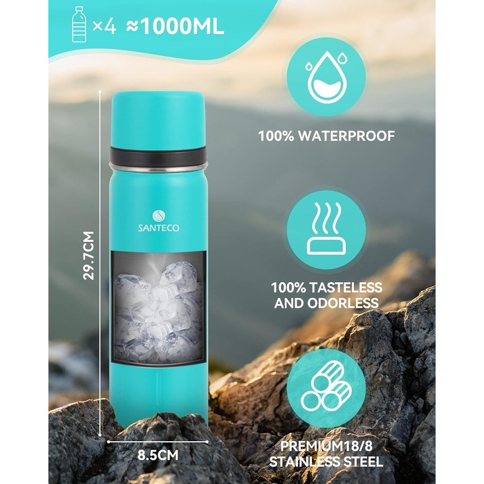 Термос-термокана Santeco з нержавіючої сталі, 1л, 500мл, з антивитіканням, ізольована пляшка з кришкою-чашкою для подорожей, термос для кави та чаю для дітей, спорту, без BPA, 24 години холод & 12 годин гарячий (зелений джунглів, 1000 мл)