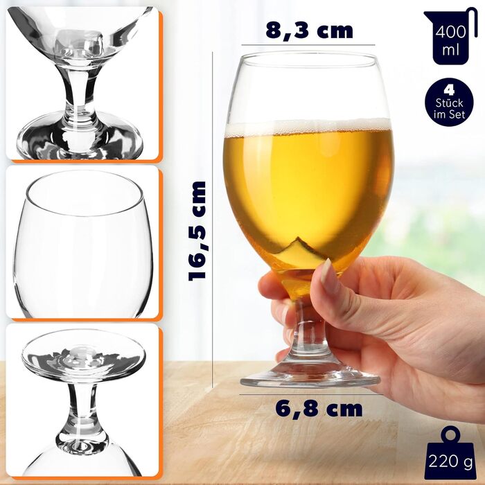 Склянки для пива KADAX 400 мл, набір 4 шт., тюльпани для Pils, Helles, Weizen та крафтового пива
