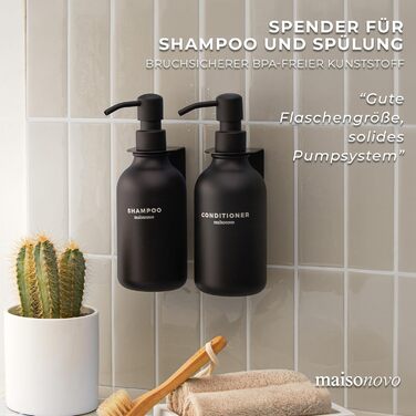 Шампунь MaisoNovo у пляшках для наповнення – дозатори для рідкого мила та гелю для душу, настінний монтаж – набір з 3 пляшок об'ємом 500 мл, янтарного кольору, з чорним дозатором (набір з 2 чорних дозаторів)