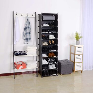 WOLTU Shoe Box, Shoe Storage, Set of 10, Stackable Design, for 20 Pairs, with Door, Hooks, 40x30x170 cm, White (47 x 35 x 170 cm, Black)
