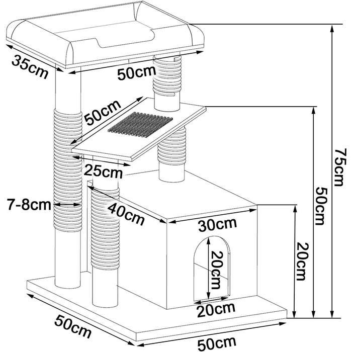 Котячий будиночок Lionto з лежанкою та печерею, 75 см, з сизалевого мотузка та плюшу, 2 м'ячики з дзвіночками, для кошенят та дорослих котів, сірий