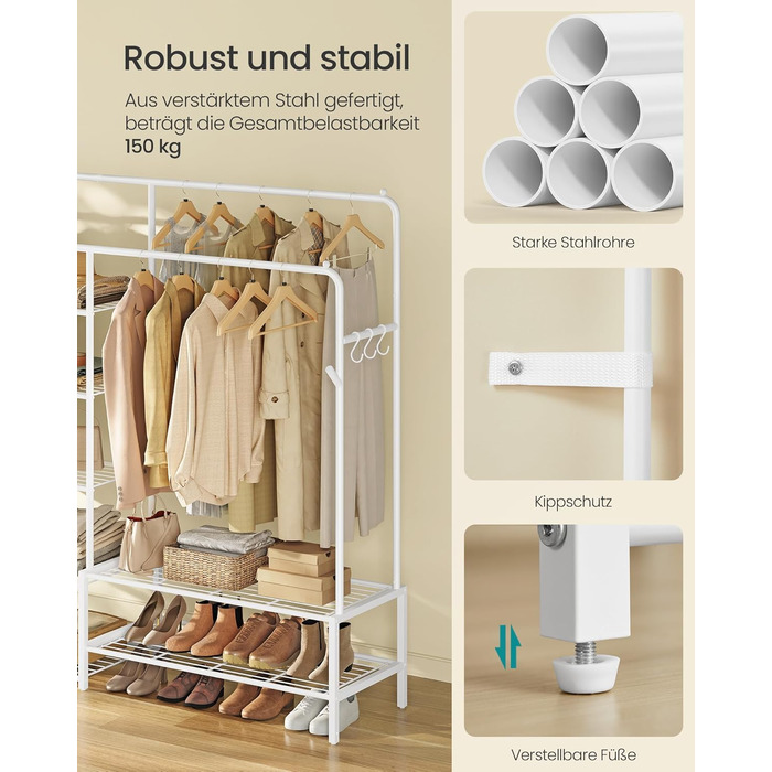 SONGMICS Стійка для одягу, відкрита шафа, вішалка для одягу з 7 полицями, металевий каркас, перекладина для одягу, для спальні, вітальні, передпокою, HSR182B01 (Білий, 115,8B см)