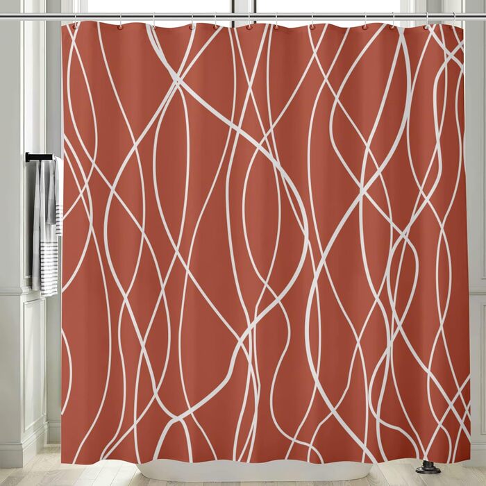 Шторка для душу M&W Design з поліестеру, з лініями, антигрибкова, водовідштовхувальна, з 12 гачками, обтяжена нижня частина, мінімалістичний дизайн, стійка до вицвітання, 180x200 см, білий (H200 x B180 см, упаковка 1 шт.), червоний