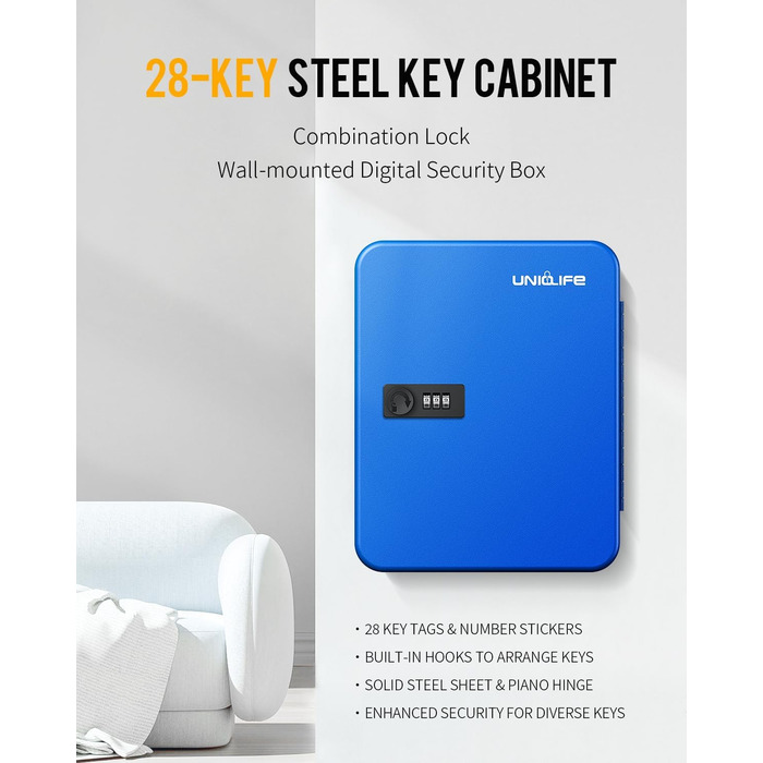 Шкафчик для ключів Uniclife на 60 позицій з комбінацією та ключовим замком, регульовані полиці, цифрова скринька, органайзер ключів (блакитний)