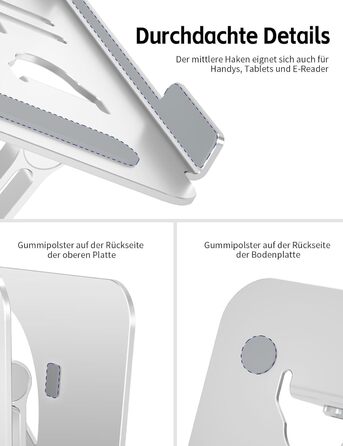 Підставка для ноутбука Ergonomic з алюмінію, регульована по висоті та складна, стабільна та з неслизьким покриттям, покращена вентиляція, сумісна з MacBook (до 15,6 дюймів), срібна