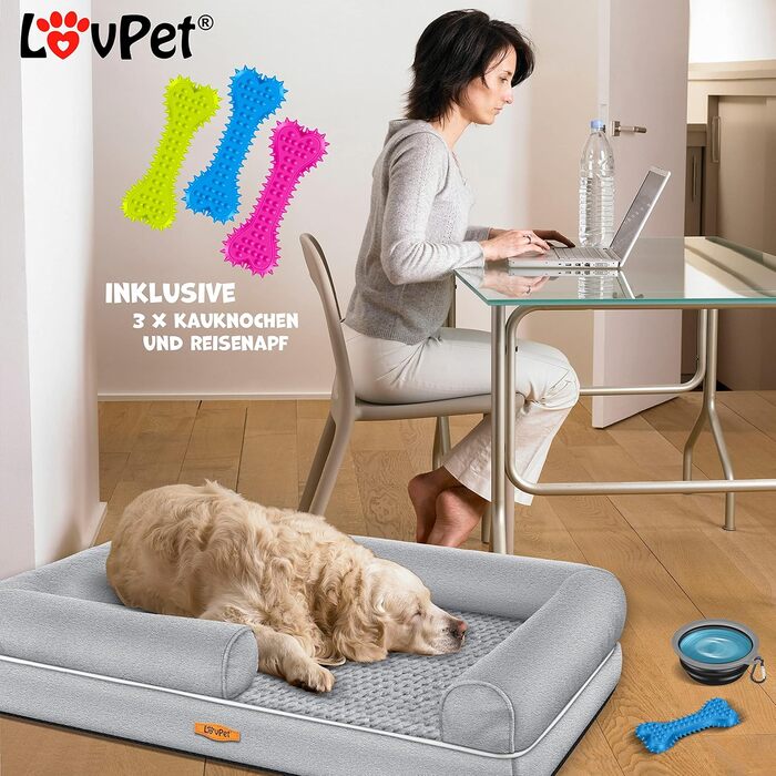 Orthopedic Dog Bed, Dog Cushion, Dog Basket Relax, Incl. Bowl + 3x Chew Bones, Dog Sofa for Small, Medium & Large Dogs, Removable and Washable Cover, 91x71x22cm (L (106 x 80 x 25 cm), Grey)