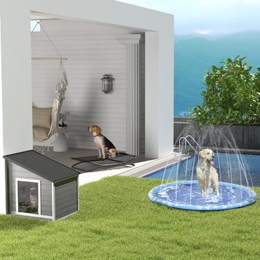 Дерев'яний вольєр для собак PawHut - Будинок для собак з відкриваючим дахом та шторкою на дверях, вулиця, стійкий до погодних умов, сірий, 71 x 58 x 53/77 см