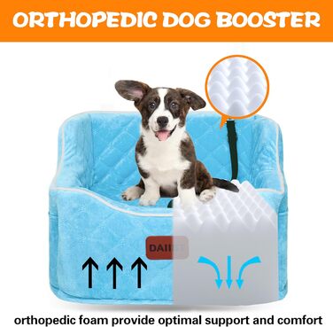 Автокрісло для собак - підвищення для собак малих та середніх порід, знімне, миється, до 15,9 кг, з кишенями для зберігання, Оранжеве/Блакитне