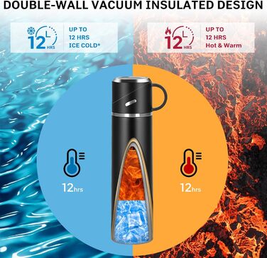 Термос IAGORYUE з нержавіючої сталі, 0,55л, з ізоляцією, витокозахисним кришкою та ручкою, двостінний, зберігає тепло/холод до 12 годин, для спорту, офісу, відпочинку на природі, чорний