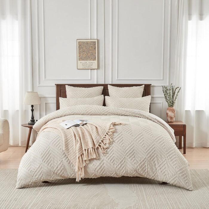 Богемна постільна білизна Boho 135x200 бежевого кольору з туфетою, геометричний візерунок, мікрофібра, комплект 2 шт. (135x200 + 80x80)