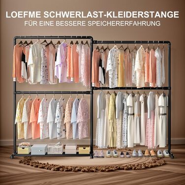 Міцна вішалка для одягу LOEFME з обертовими бічними панелями, металева стійка для одягу з полицею для зберігання, чорного кольору, 150 кг вантажопідйомність