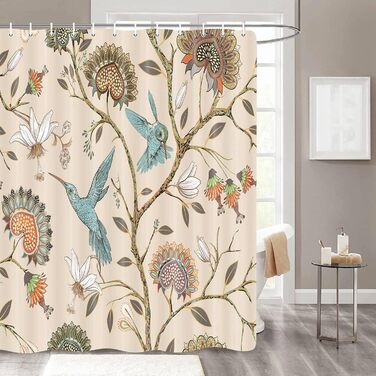Штора для душу 180x180 см з квітами, антигрибкова, водонепроникна, поліестер, з 12 кільцями (Циан, великий птах)