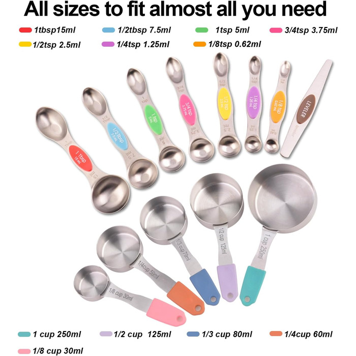 Magnetic measuring cup and spoon set, stainless steel, 5 cups and 7 spoons, with leveler (multicolored)