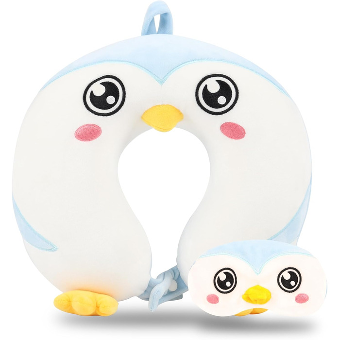 Дитяча подушка для подорожей з маскою для сну, м'яка подушка для шиї з Memory Foam, для дітей, хлопчиків та дівчаток, підлітків, аксесуари для подорожей, подушка для шиї (Пінгвін)