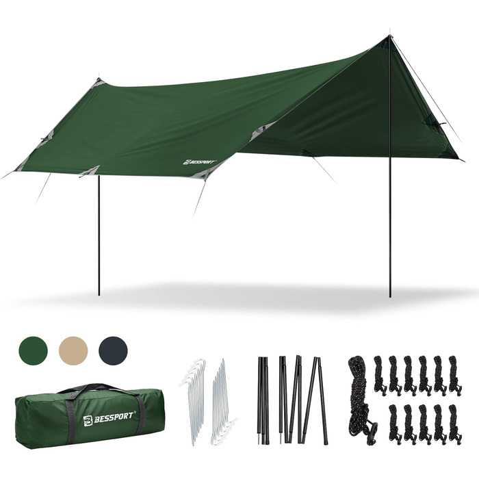 Bessport Waterproof Tarp - 3x4.6m Camping Tarp with Poles, Stakes & Rope - UV Protection, Multipurpose Tent Tarp (Green)
