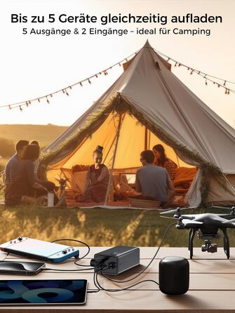 Powerbank Upgrade 70000 mAh: Швидка зарядка 30W PD, 5 виходів USB-C, LED дисплей, портативний зарядний пристрій для iPhone, кемпінгу - Чорний