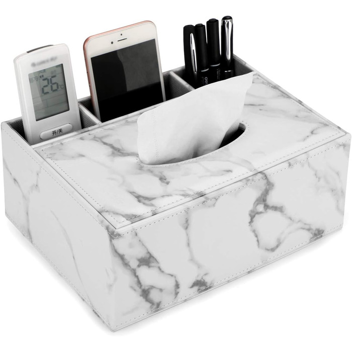 BSTKEY Tissue Box Rectangular Faux Leather Tissue Box with Remote Control (White Marble)