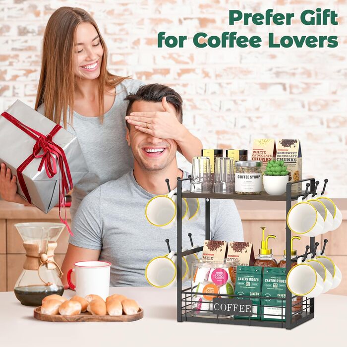 EsLuker.ly 2-Tier Mug Holder and Cup Stand, Mug Shelf for Coffee Cups, Coffee Organizer for Countertop, Coffee Station Organizer with Mug Holder, Vintage Brown-Black (14''H, Brown + Black)
