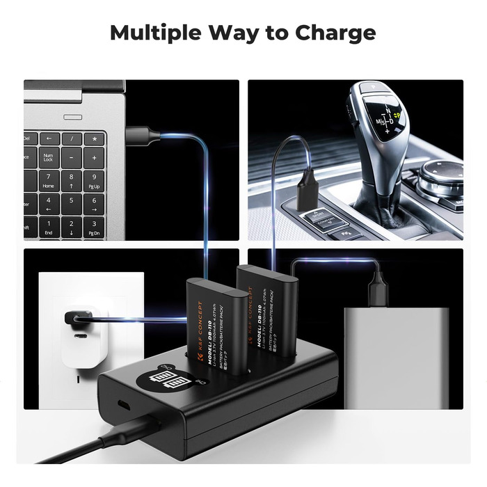 Акумулятор K&F CONCEPT DB-110 1100mAh 2 шт. з зарядним пристроєм Dual Slot, сумісний з Ricoh GR III, GR IIIx, Theta X, WG-6, G900 II, G900SE II, Olympus TG7/6/5/4