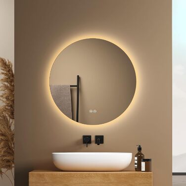 Круглий дзеркало для ванної кімнати EMKE з підсвіткою 80 см – дзеркало з 3 кольорами світла, регулюванням яскравості, сенсорним керуванням, функцією пам'яті, енергозберігаюче – дзеркало для ванної кімнати та настінне дзеркало (50x50 см)