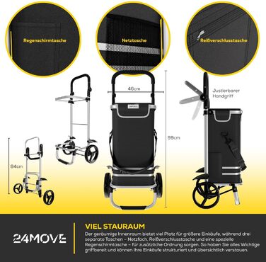 Тролей для покупок 24MOVE® Vehlo: складаний, 55л, з термокишенею, 3в1 (тролей, візок, сумка), до 30кг, чорний