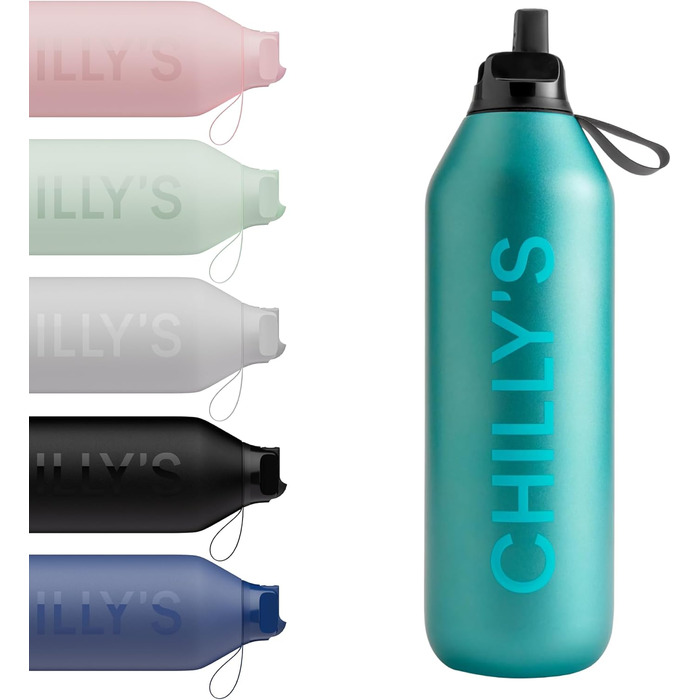 Chilly's Series 2 Flip Bottle - Thermos Flask with Sport Cap, Telescopic Straw, and Nylon Carry Loop - Stainless Steel Bottle with Easy Flip Opening, Includes Straw Cleaning Brush (Atlantis, 1000ml)