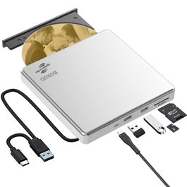Зовнішній DVD-накопичувач BUNUD Lightscribe для Mac та Windows: USB 3.0 Type-C, DVD-записувач з картридером SD/TF та 2 USB-портами для MacBook, iMac, ноутбуків та PC