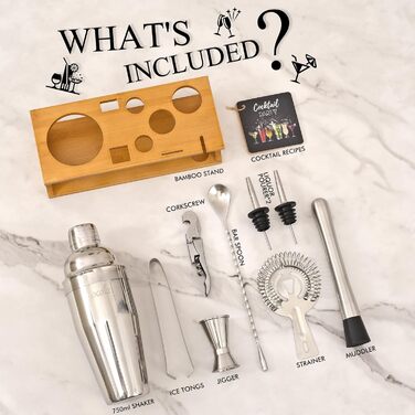 750ml Stainless Steel Cocktail Shaker Set with Bamboo Stand & Recipe Book - 17 Piece Bar Set with Accessories for Bartenders & Gifts
