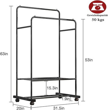 Clothes Rack, Rolling Garment Rack with 2 Clothes Rods, 2 Shelves for Boxes (Black)