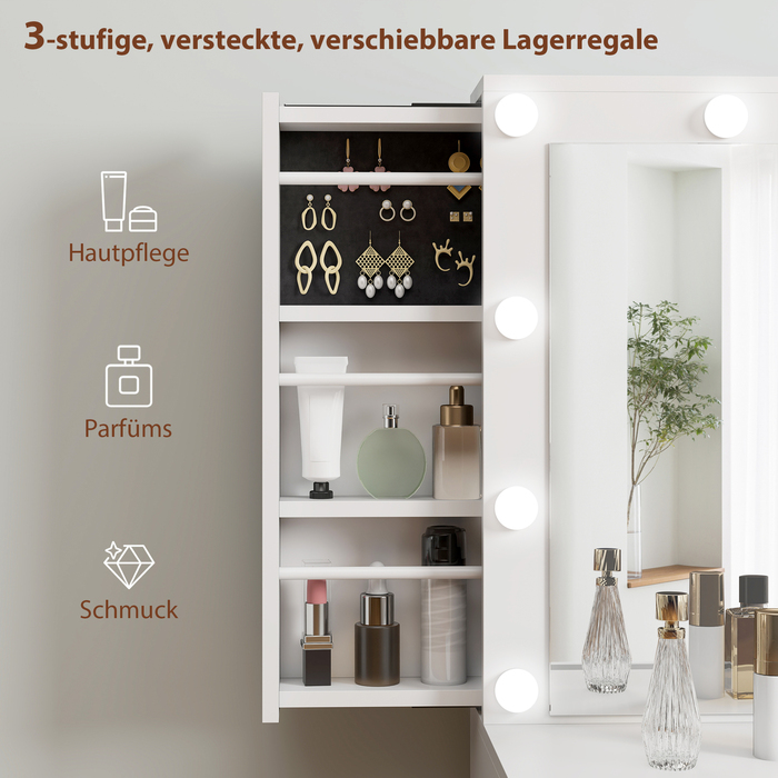 HOMCOM Vanity Table with Mirror and 12 LED Lights - Dressing Table with 7 Drawers, 6 Hidden Storage Compartments, Particleboard, White